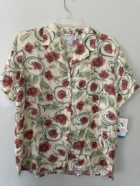 VTG Charming STUNT Floral Button Up Shirt 100% Silk Old Stock PL Women’s